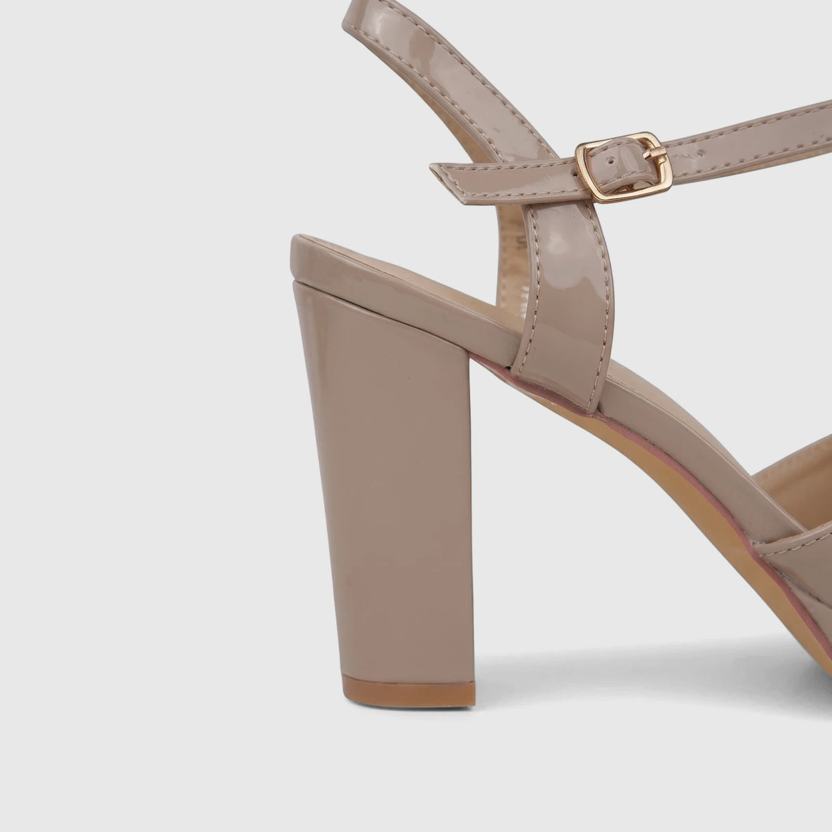 Beige patent Bulbul Ladies Dress Block Heel Sandal with a sturdy block heel, platform sole, and ankle strap with a gold