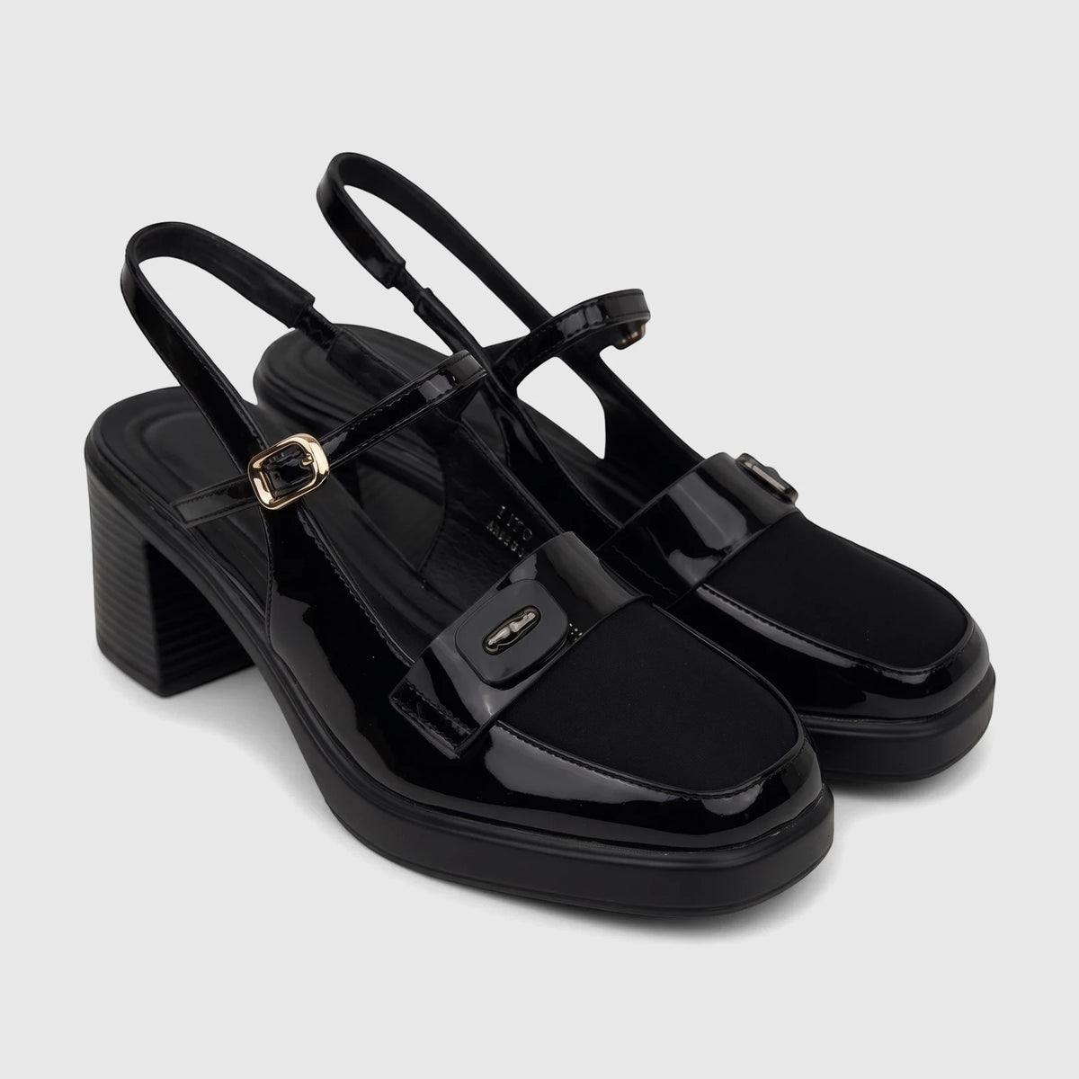 A pair of black patent leather Bulbul Ladies Dress Block Heel Sandals, featuring a square toe and gold buckle, displayed