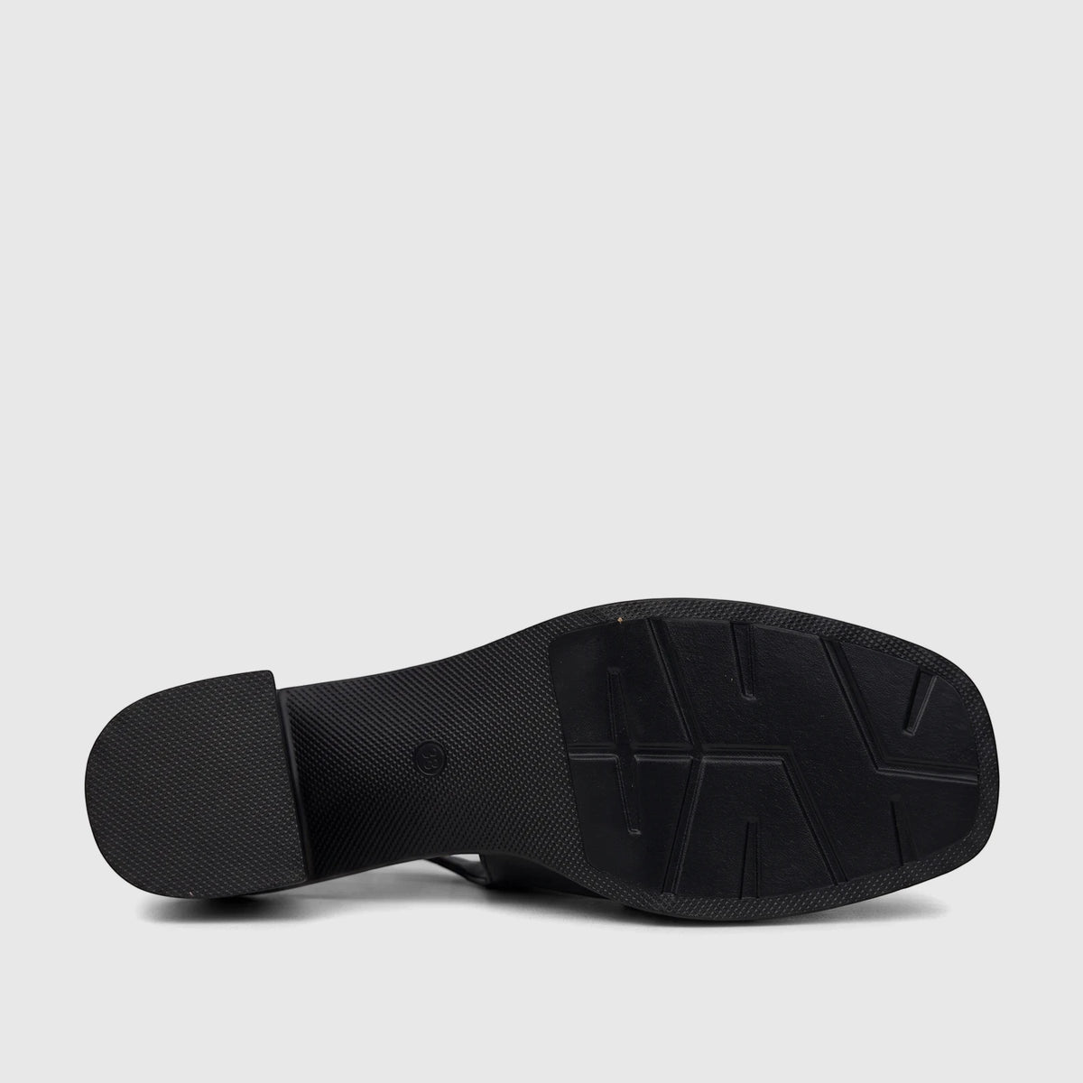 Bulbul Ladies Dress Block Heel Sandal Black LU039, showing the textured black sole and block heel from a rear underside view.
