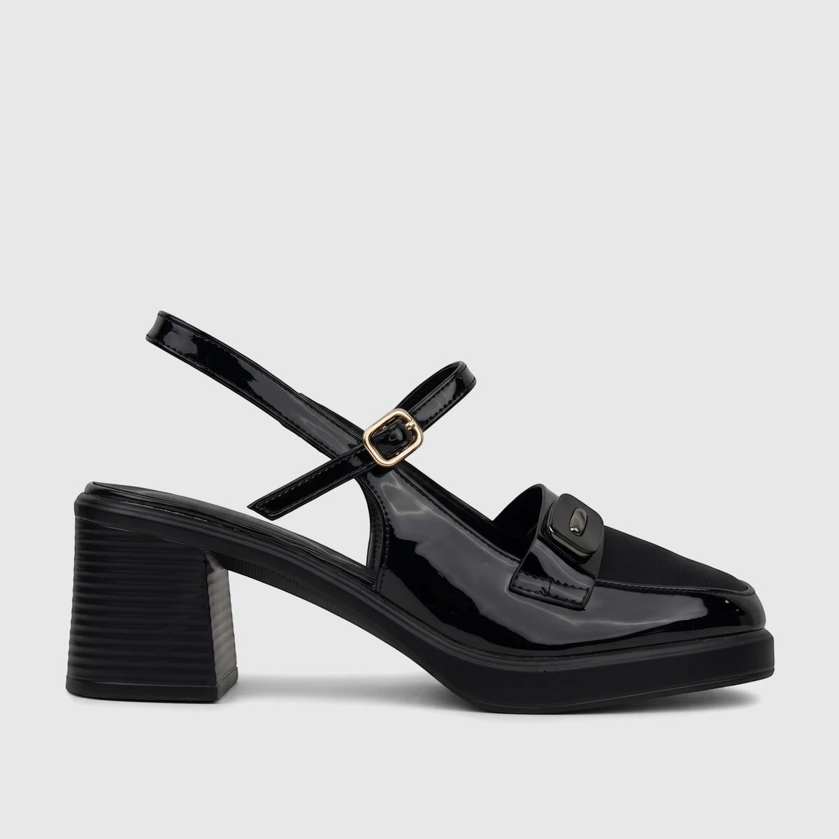 Bulbul Ladies Dress Block Heel Sandal Black LU039. Black patent leather sandal with block heel, ankle strap, and gold buckle.