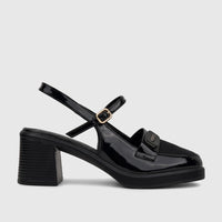 Bulbul Ladies Dress Block Heel Sandal Black LU039. Black patent leather sandal with block heel, ankle strap, and gold buckle.