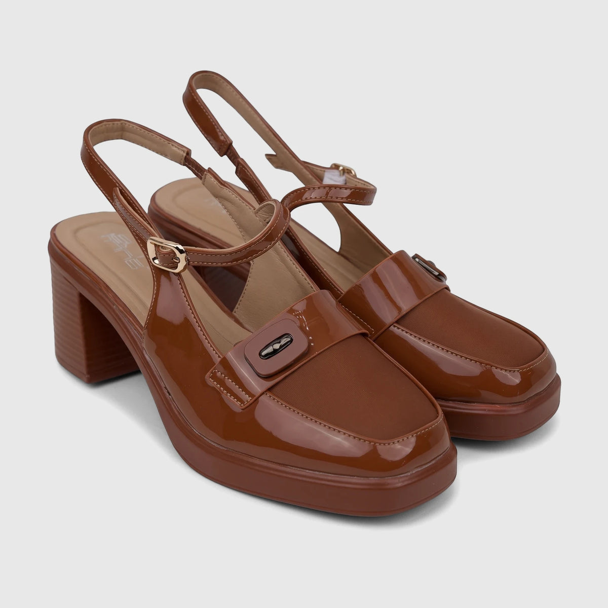 A pair of Bulbul camel patent and fabric block heel sandals with slingback straps and square toes, shown from an elevated