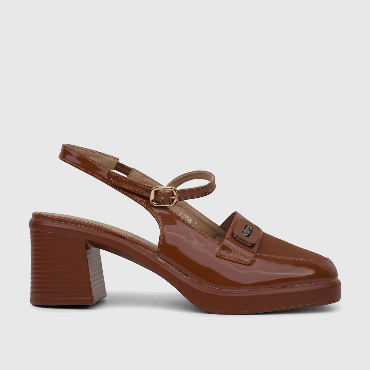 Brown patent leather block heel sandal with an ankle strap and buckle, featuring a pointed toe and chunky heel, viewed from