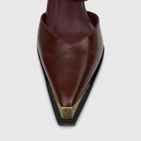 Bulbul Ladies Dress brown leather pointed-toe slingback court shoe with a gold-toned metallic toe cap, top-down view.