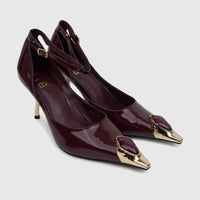 Bulbul Ladies Dress Court shoes in deep maroon patent leather with gold pointed toes, purple embellishments, and ankle
