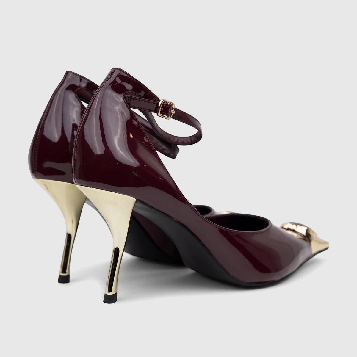 Bulbul Ladies Dress Court with Ankle Strap Purple SCR-06, featuring burgundy patent leather and gold stiletto heels, viewed