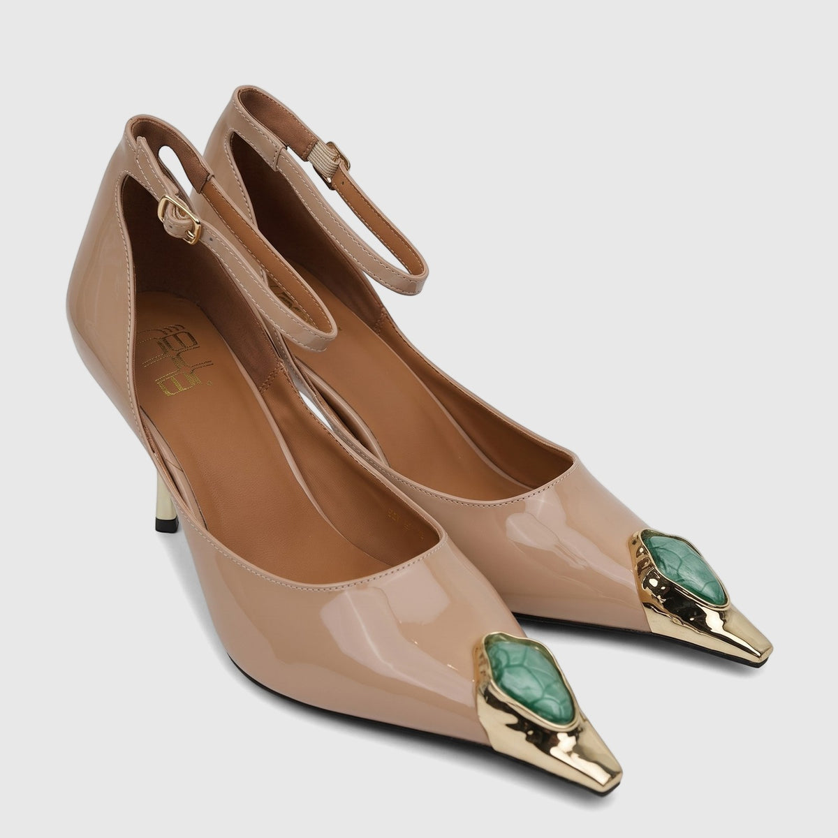 Bulbul Ladies Dress Court shoes in beige patent leather, featuring pointed toes with gold and green embellishments and ankle