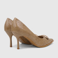 Bulbul Ladies Dress Court Shoe in beige with crocodile texture, pointed toe, stiletto heel, and gold buckle.