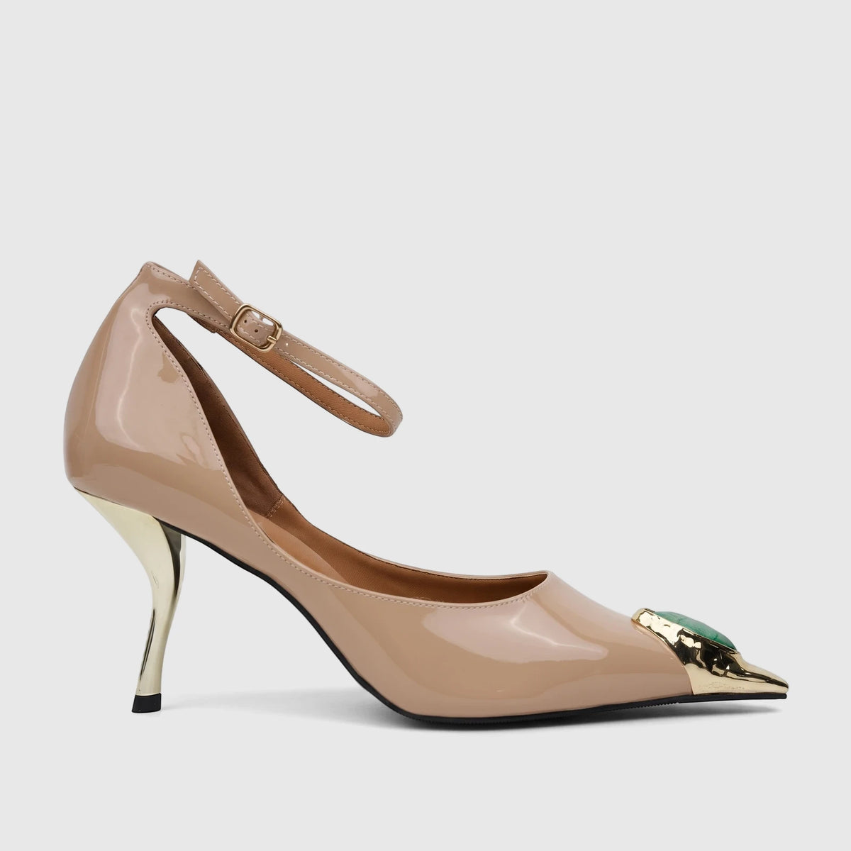 Beige patent leather Bulbul Ladies Dress Court shoe with a distinctive golden curved heel and an elegant ankle strap.