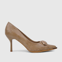 Bulbul Ladies Dress Court Shoe in beige, featuring a pointed toe, stiletto heel, crocodile-embossed texture, and a gold