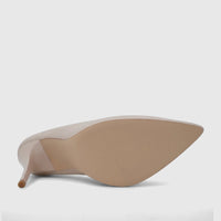Bulbul Ladies Dress Court Shoe in beige, featuring a pointed toe and high heel, shown from the underside displaying the sole.