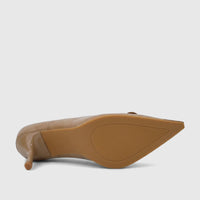 Bulbul Ladies Dress Court Shoe in beige, viewed from the side showing the textured brown sole and slender high heel. Pointed