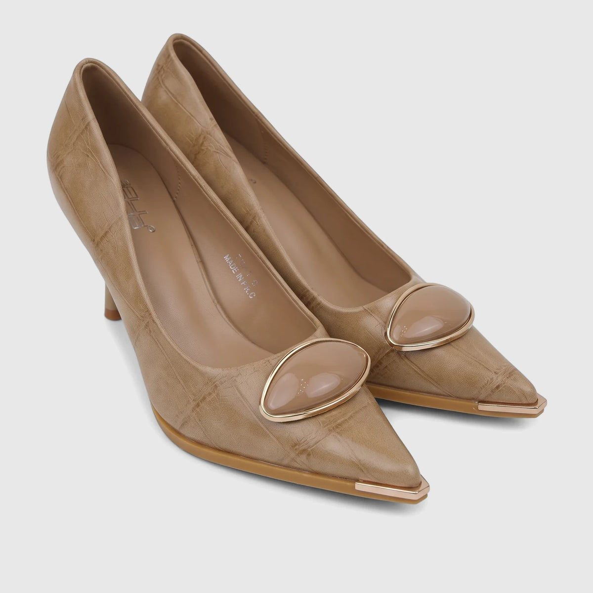 Pair of Bulbul Ladies Dress Court Shoes in beige textured material, featuring pointed toes, high heels, and a gold-trimmed