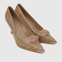 Pair of Bulbul Ladies Dress Court Shoes in beige textured material, featuring pointed toes, high heels, and a gold-trimmed