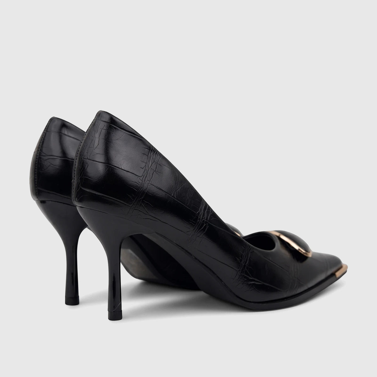 Bulbul Ladies Dress Court Shoes in black with crocodile texture, pointed toes, and gold buckle detail.