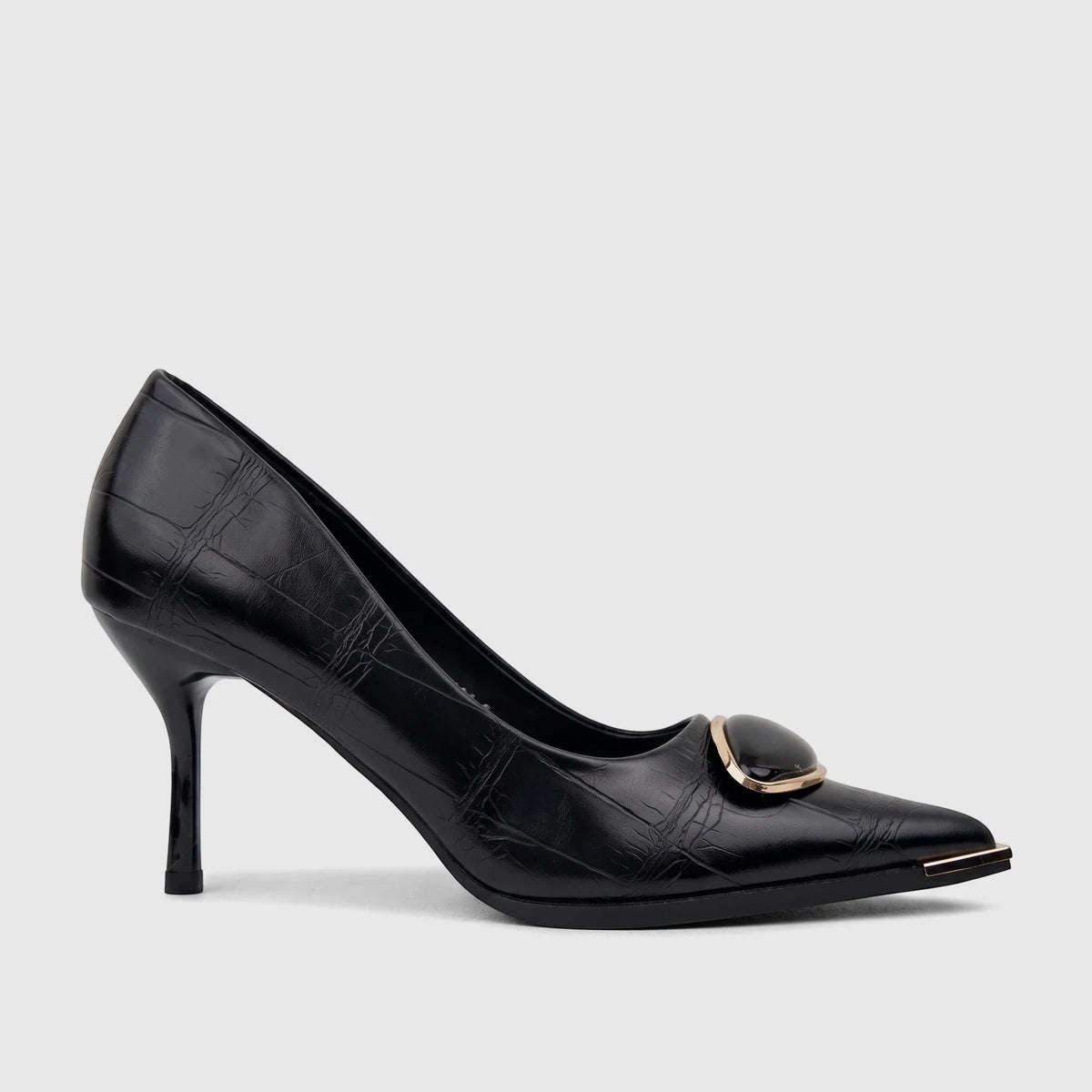 Black crocodile-embossed ladies dress court shoe with pointed toe, stiletto heel, and gold buckle detail.