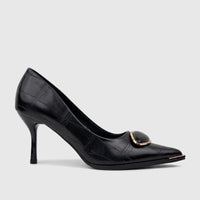 Black crocodile-embossed ladies dress court shoe with pointed toe, stiletto heel, and gold buckle detail.