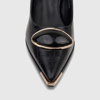 Close-up of a black croc-embossed Bulbul ladies dress court shoe with a pointed toe and gold-tone hardware detailing on the