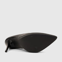 Black Bulbul Ladies Dress Court Shoe with a pointed toe and high heel, shown from a bottom and side angle.