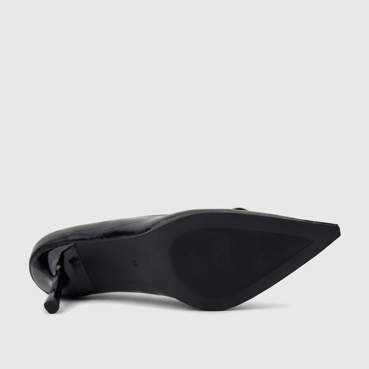 Black patent leather women's dress court shoe with a pointed toe and high heel, viewed from the side and bottom.