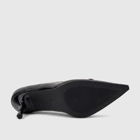 Black patent leather women's dress court shoe with a pointed toe and high heel, viewed from the side and bottom.