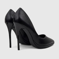A pair of Bulbul Ladies Dress Court Shoes in black leather, featuring high heels and a sleek design, viewed from a side