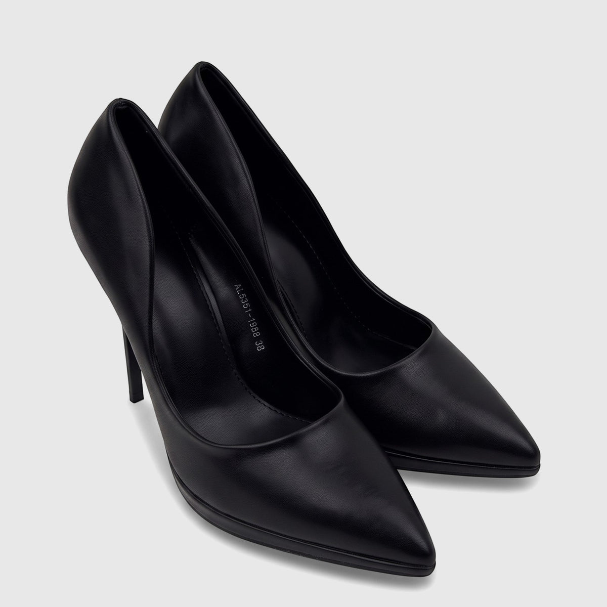Black pointed-toe high-heeled dress court shoes for ladies, made of smooth material, displayed on a clean surface.