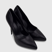 Black pointed-toe high-heeled dress court shoes for ladies, made of smooth material, displayed on a clean surface.