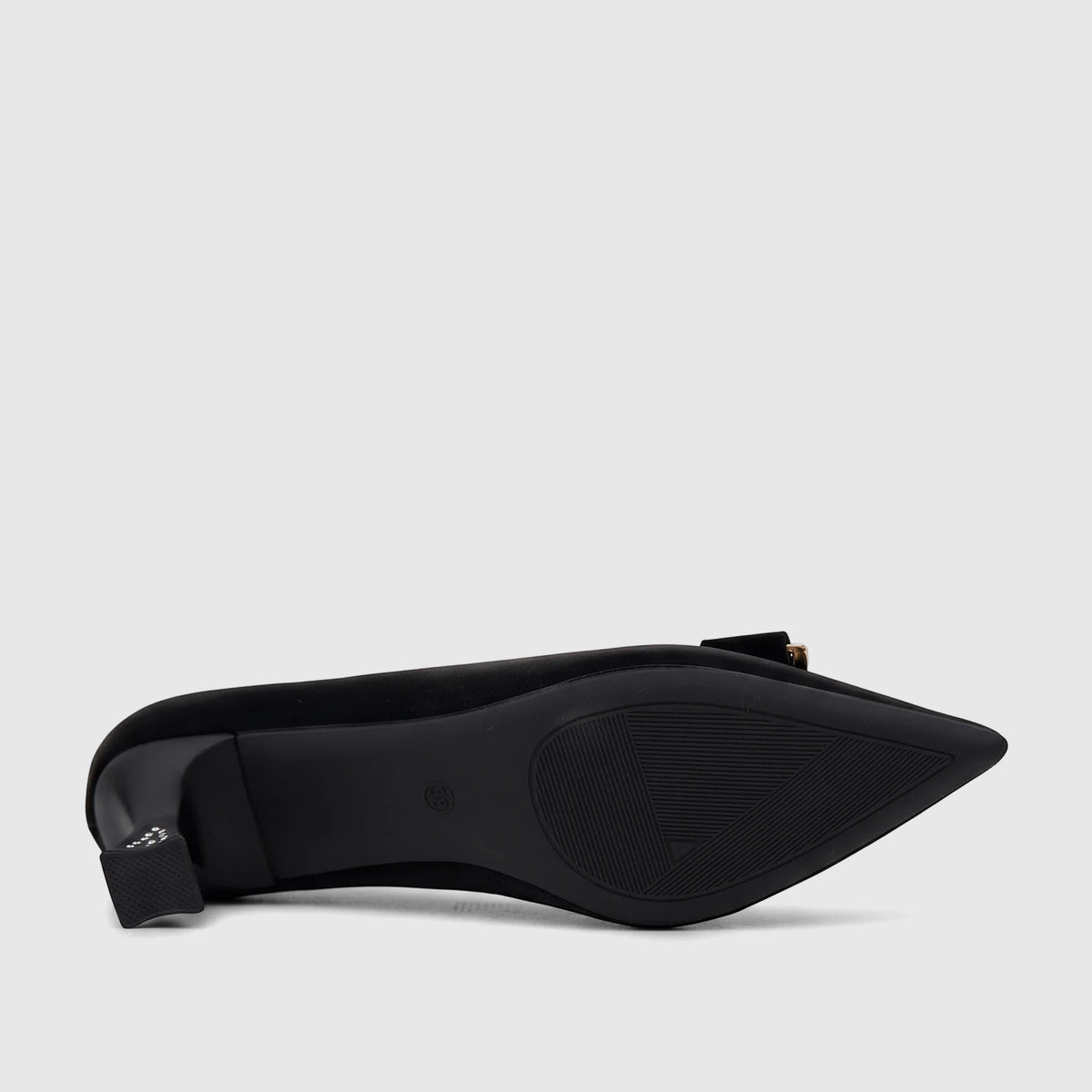Black Bulbul ladies dress court shoe with a pointed toe and block heel, viewed from the sole up, showcasing the textured