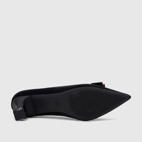 Black Bulbul ladies dress court shoe with a pointed toe and block heel, viewed from the sole up, showcasing the textured