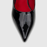 Bulbul Ladies Dress Court Shoe LU044, close-up top view. Shiny black patent leather, pointed toe, and a peek of red interior.