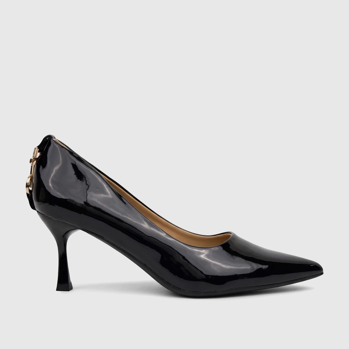 Bulbul Ladies Dress Court Shoe Black LU043, a patent leather pointed-toe high-heel pump with a gold chain detail on the