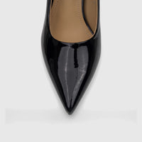 Close-up view of a single black patent leather Bulbul ladies dress court shoe with a pointed toe, showcasing its shiny
