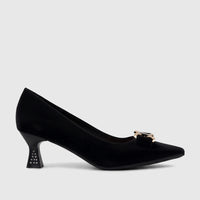 Black Bulbul ladies dress court shoe with a pointed toe, gold rhinestone buckle, and a flared heel with rhinestone