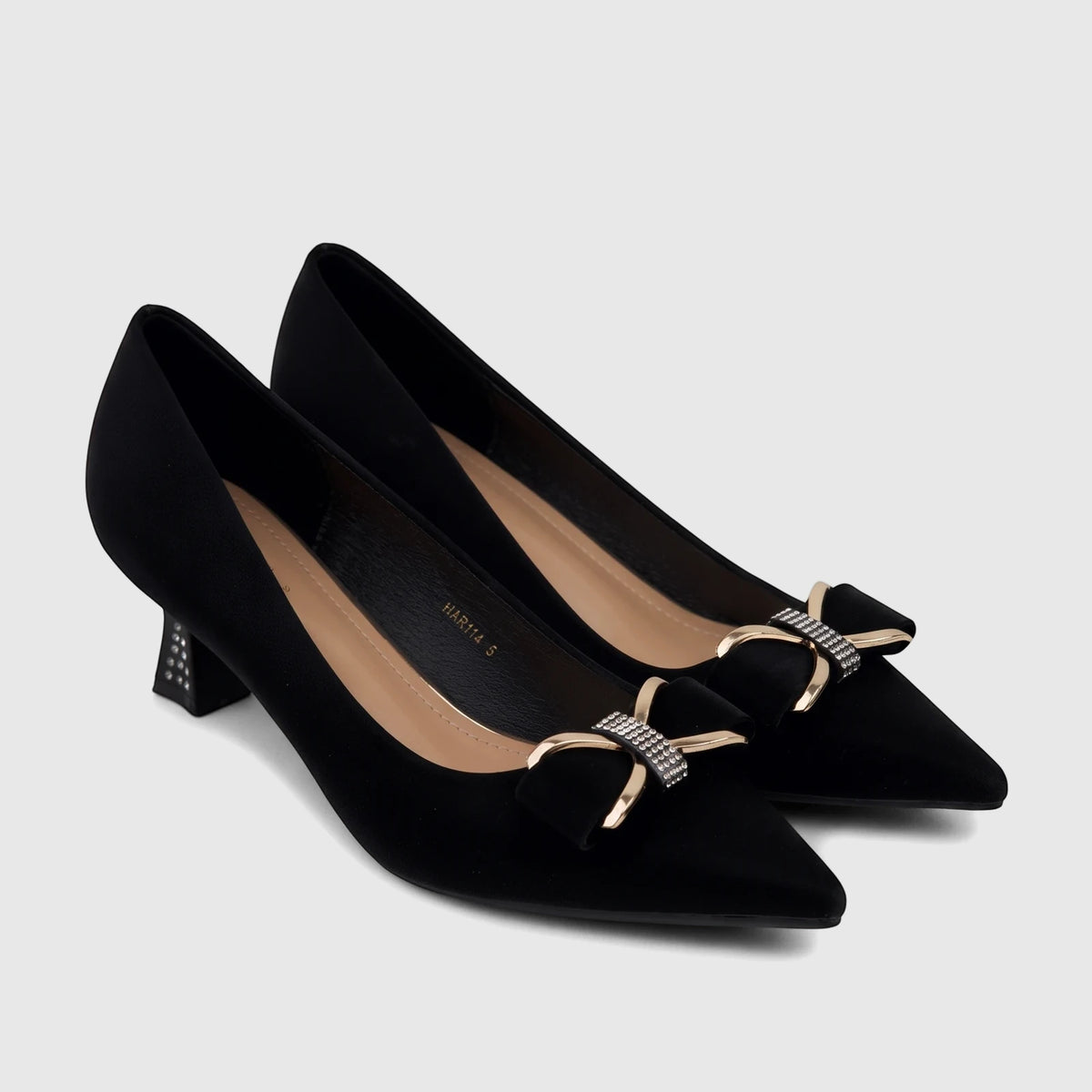 Black Bulbul ladies dress court shoes with pointed toes, decorative rhinestone bows, and block heels.