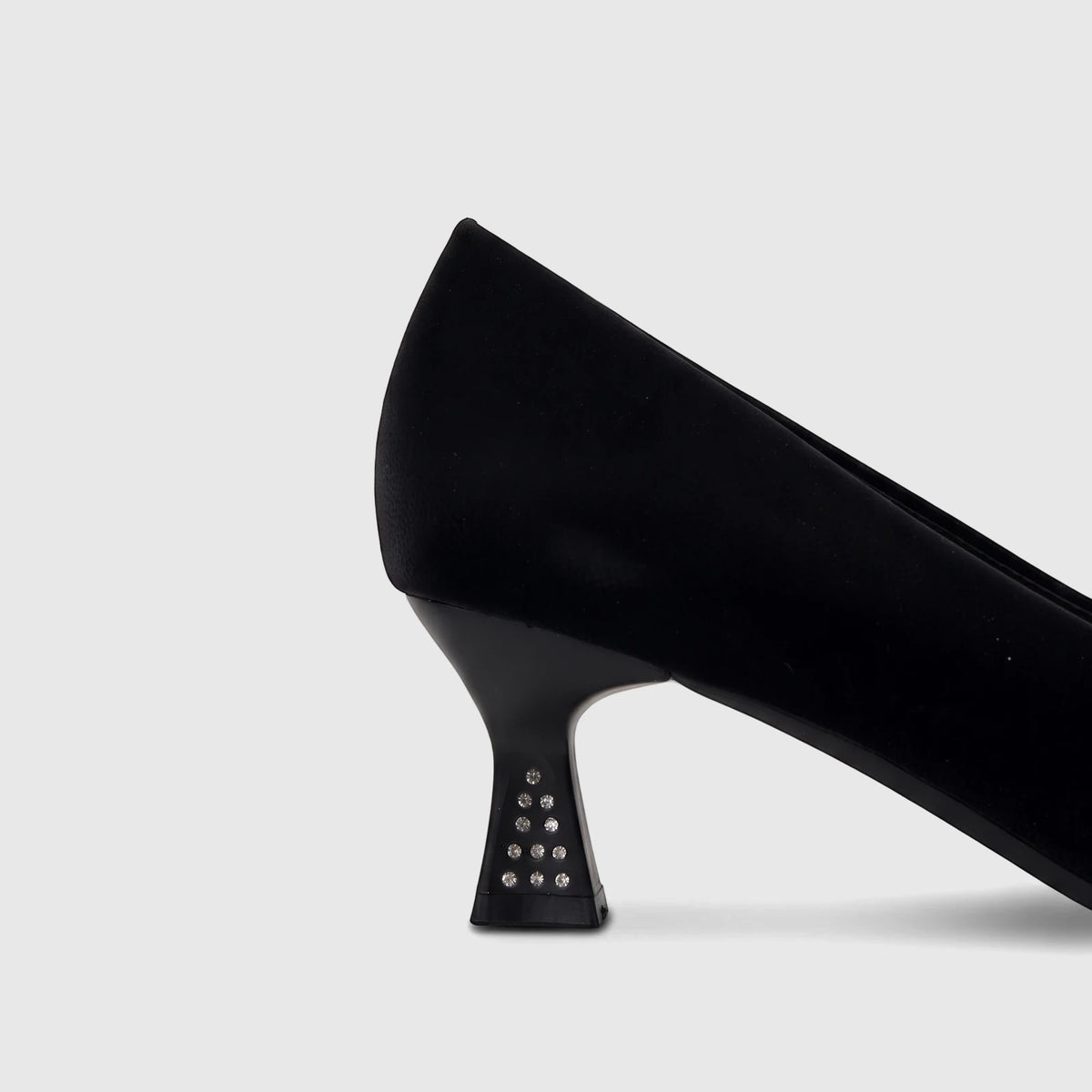 Black velvet ladies dress court shoe with a rhinestone-embellished heel, shown in a side profile view.