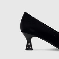 Black velvet ladies dress court shoe with a rhinestone-embellished heel, shown in a side profile view.