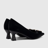 Black velvet ladies dress court shoes with pointed toes, sparkling rhinestone decorated heels, and a gold and black bow