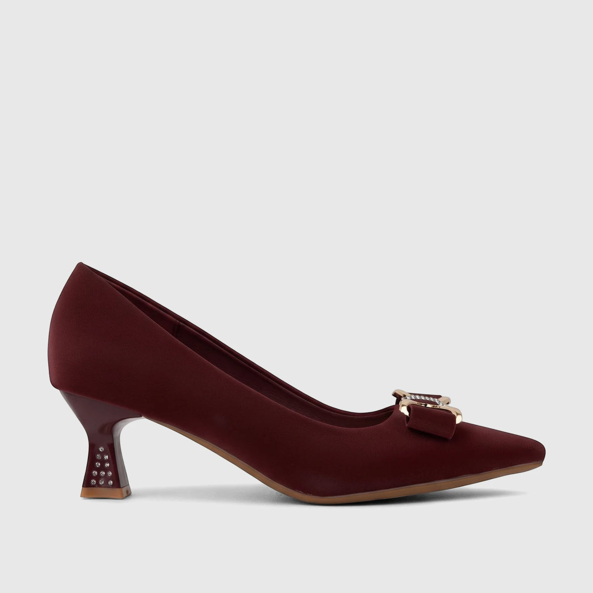 Burgundy Bulbul Ladies Dress Court Shoe with a pointed toe, flared heel adorned with rhinestones, and a golden buckle.