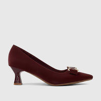 Burgundy Bulbul Ladies Dress Court Shoe with a pointed toe, flared heel adorned with rhinestones, and a golden buckle.