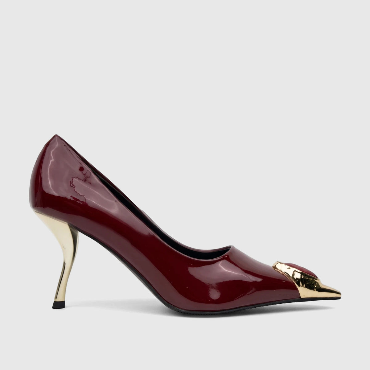 Bulbul Ladies Dress Court Shoe in burgundy patent leather with a unique gold sculptural heel and pointed toe.
