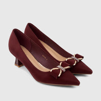 A pair of elegant Bulbul Ladies Dress Court Shoes in rich burgundy, featuring pointed toes, modest block heels, and dazzling