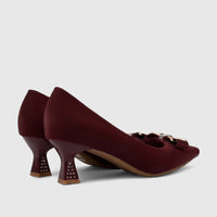 Bulbul Ladies Dress Court Shoes in burgundy, with pointed toes, flared rhinestone heels, and a decorative gold-tone bow.