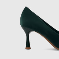 Dark green Bulbul ladies dress court shoe with a sleek silhouette and unique flared heel, perfect for elegant attire.