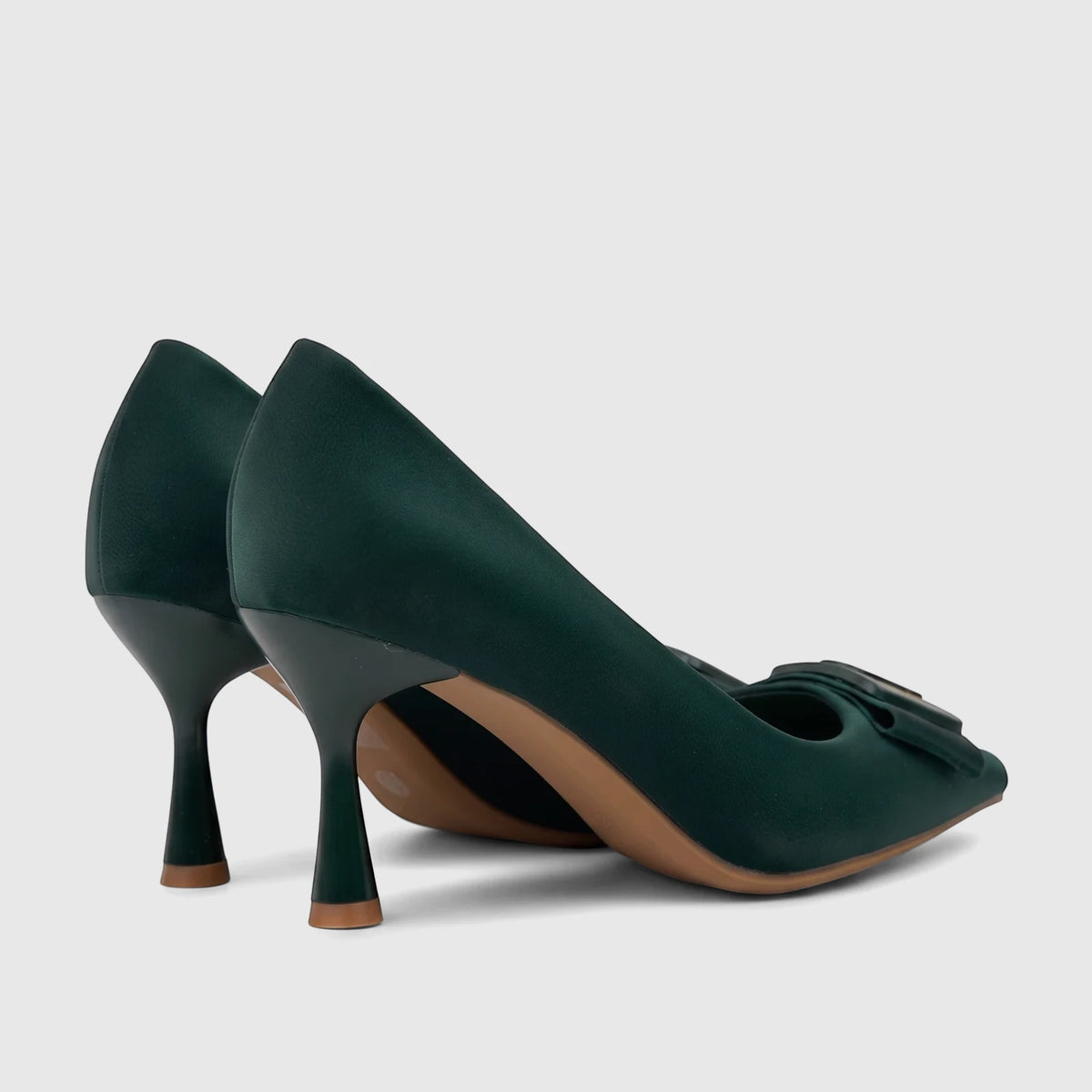 Pair of dark green satin Bulbul Ladies Dress Court Shoes with pointed toes and sculpted heels, viewed from the side.