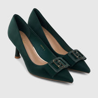 Bulbul Ladies Dress Court Shoe Green HAR115, featuring a dark green matte finish, pointed toe, and a decorative buckle.