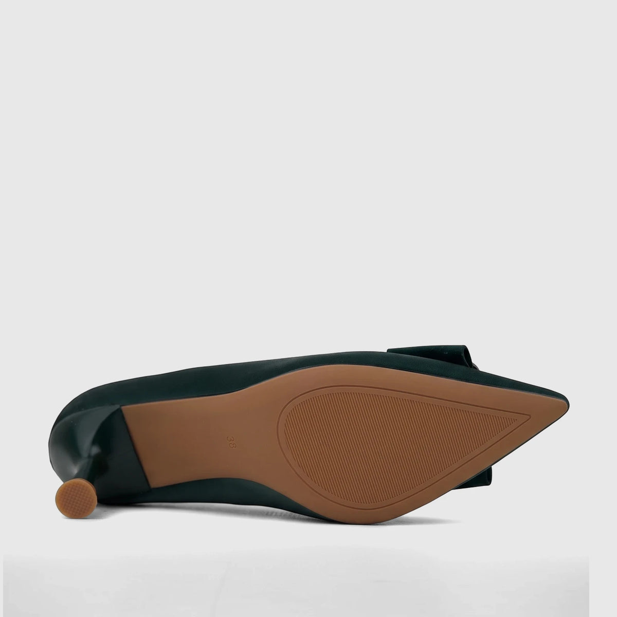Dark green ladies' dress court shoe, size 38, with a pointed toe and low block heel, shown from the underside.