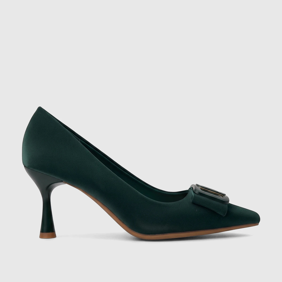 Bulbul Ladies Dress Court Shoe Green HAR115, a dark green pointed-toe high-heel pump with a decorative buckle on the vamp.