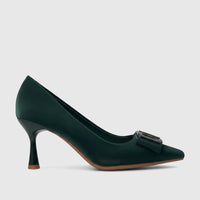 Bulbul Ladies Dress Court Shoe Green HAR115, a dark green pointed-toe high-heel pump with a decorative buckle on the vamp.