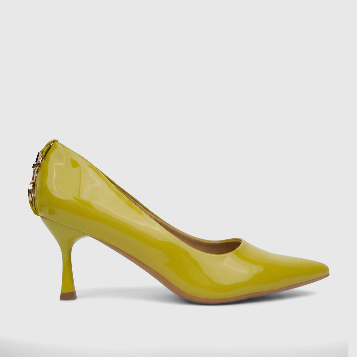 Bulbul Ladies Dress Court Shoe LU043 in glossy lime green patent leather with a pointed toe and a matching stiletto heel,